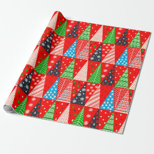 Papel De Presente Árvores de Natal Coloridas Primitivas e Flocos de 