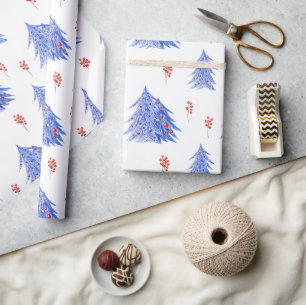 Papel De Presente Árvores de Natal com Bagas de Azevinho Gelo Azul d