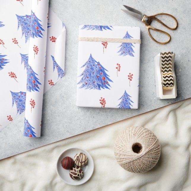 Papel De Presente Árvores de Natal com Bagas de Azevinho Gelo Azul d (Artesanato)