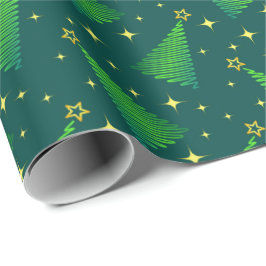 Papel De Presente Árvores de Natal com Estrelas Douradas