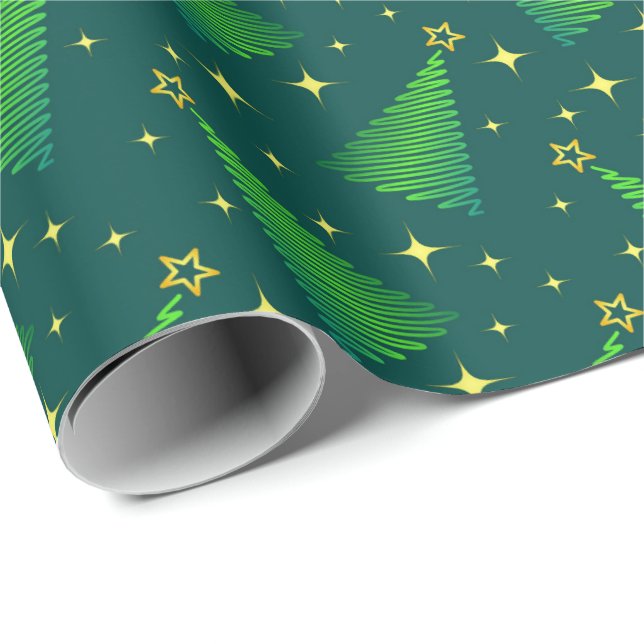 Papel De Presente Árvores de Natal com Estrelas Douradas (Ponta do rolo)