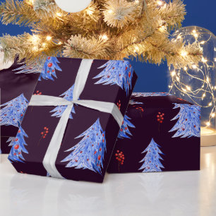 Papel De Presente Árvores de Natal com Folhas de Azevinho Azuis de I