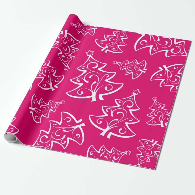 Papel De Presente Árvores de Natal com padrão Rosa Quente e Branco (Desenrolado)