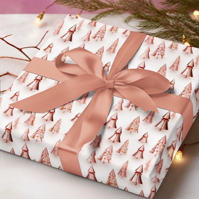 Papel De Presente Árvores de Natal com Visual Metálico Dourado Rosa (Criador carregado)