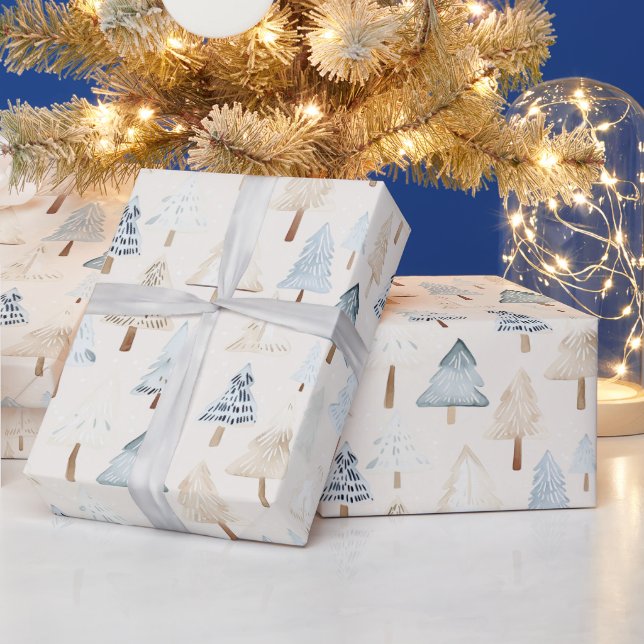 Papel De Presente Árvores de Natal Creme Bege Azul (Feriados)