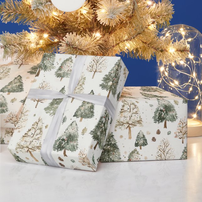 Papel De Presente Árvores de Natal Creme Verde Pinheiro (Feriados)