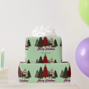 Papel De Presente Árvores de Natal da Família Plaid Rústico Rena