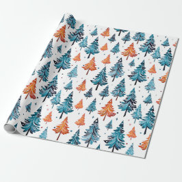 Papel De Presente Árvores de Natal de Cor Azul e Laranja