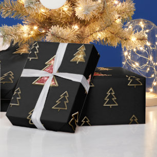Papel De Presente Árvores de Natal de Faux Metal Preto e Dourado par
