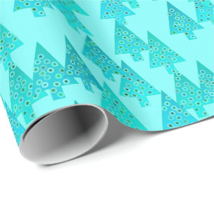 Papel De Presente Árvores de Natal de flores modernas - aqua e pavão