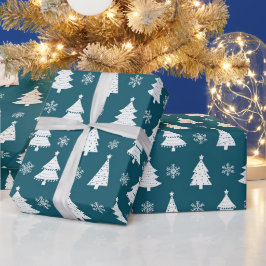 Papel De Presente Árvores de Natal de Inverno Brancas Turquesa