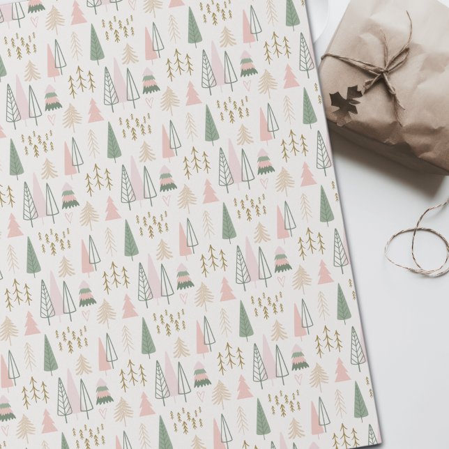 Papel De Presente Árvores de Natal de Inverno Nórdico Sage e Blush (Criador carregado)