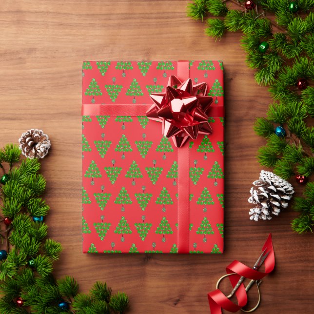 Papel De Presente Árvores de Natal de Pickleball e Ornamentos Vermel (Presente de Natal)