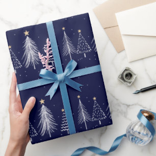 Papel De Presente Árvores de Natal de Pinheiro de Inverno Azul Marin