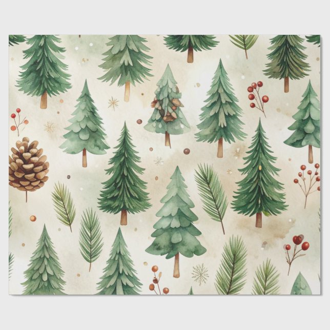Papel De Presente Árvores de Natal de Pinheiro em Aquarela Sem Costu (Aberto)