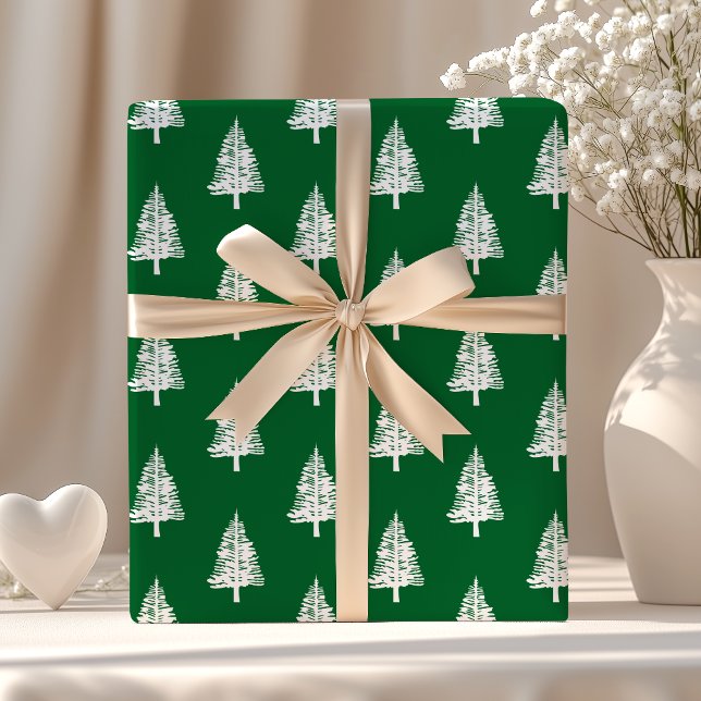 Papel De Presente Árvores de Natal de Pinheiro Verde e Branco (Criador carregado)