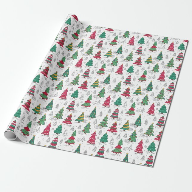 Papel De Presente Árvores de Natal Desenhadas com Estilo Excêntrico  (Desenrolado)