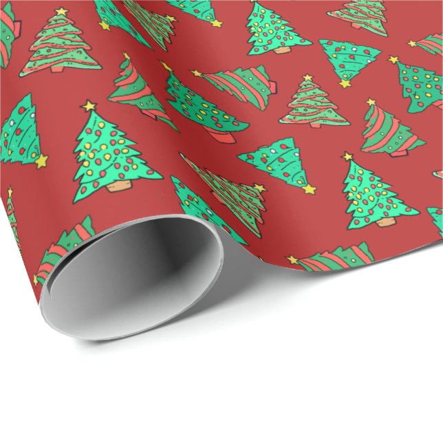 Papel De Presente Árvores de Natal Divertidas | Vermelho Padrão (Ponta do rolo)