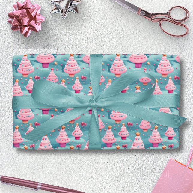 Papel De Presente Árvores de Natal do Cupcake Pastel (Pastel Cupcake Christmas Trees Wrapping Paper)