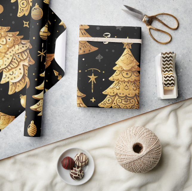 Papel De Presente Árvores de Natal Douradas e Modernas (Artesanato)