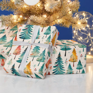 Papel De Presente Árvores de Natal Douradas e Verdes