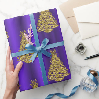 Papel De Presente Árvores de Natal Douradas Metálicas em Natal Roxo