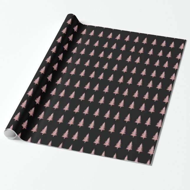 Papel De Presente Árvores de Natal Douradas, Rosa modernas, a preto (Desenrolado)