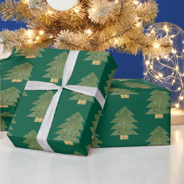 Papel De Presente Árvores de Natal Douradas Verde (Feriados)