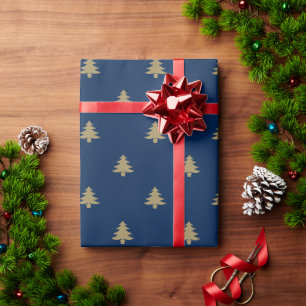 Papel De Presente Árvores de Natal dourado e padrão azul marinho e