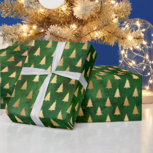 Papel De Presente Árvores de Natal, dourado verde russo