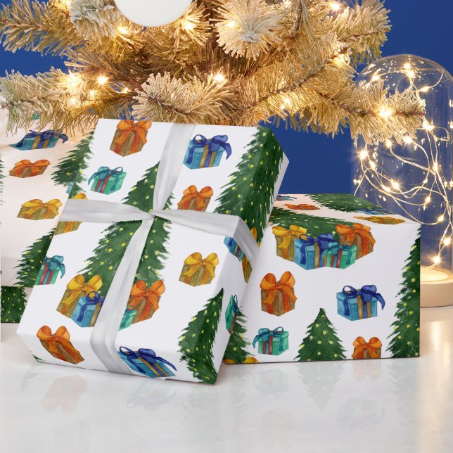 Papel De Presente Árvores de Natal e Caixas de Presentes em Aquarela (Feriados)