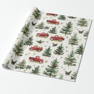 Papel De Presente Árvores de Natal e Caminhões Vermelhos Antigos