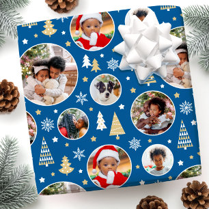Papel De Presente Árvores de Natal e Flocos de Neve Azuis com Foto P