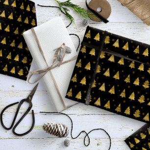 Papel De Presente Árvores de Natal e Flocos de Neve Padrão Dourado
