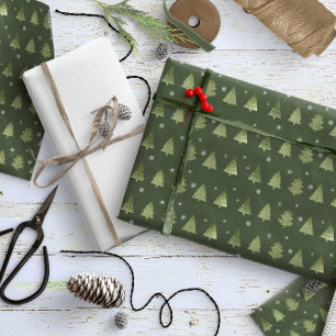 Papel De Presente Árvores de Natal e Flocos de Neve Padrão Verde I