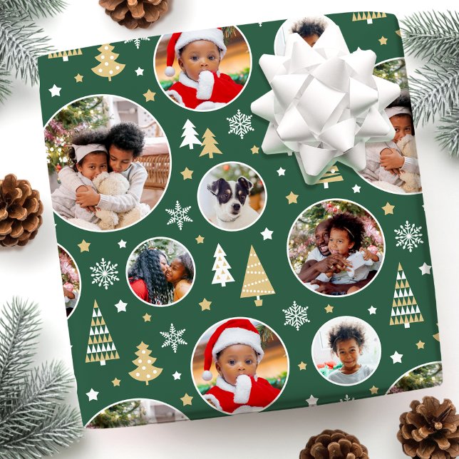 Papel De Presente Árvores de Natal e Flocos de Neve Verdes com Foto  (Criador carregado)