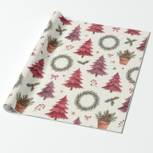 Árvores de Natal e Grinaldas Burgundy em Aquarela