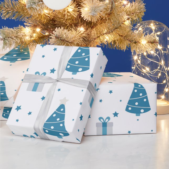 PAPEL DE PRESENTE ÁRVORES DE NATAL E PRESENTES AZUIS E CINZAS (Feriados)