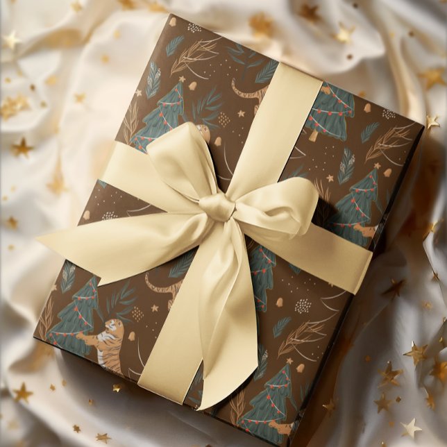 Papel De Presente Árvores de Natal e tigres, fundo castanho (Criador carregado)