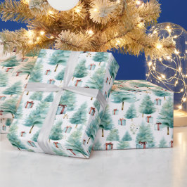 Papel De Presente Árvores de Natal Elegante Teal Watercolor com pres