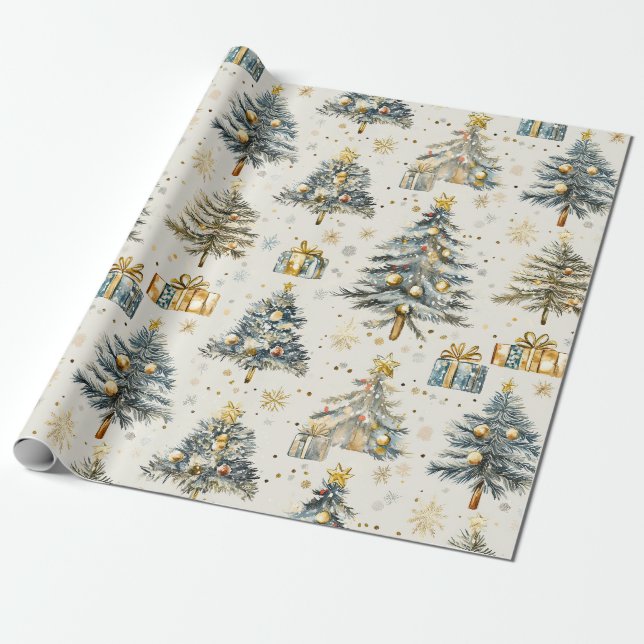 Papel De Presente Árvores de Natal Elegante Watercolor (Desenrolado)