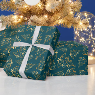 Papel De Presente Árvores de Natal Elegantes Azul Turquesa e Dourado