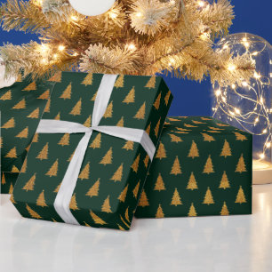 Papel De Presente Árvores de Natal elegantes de ouro verde-escuro