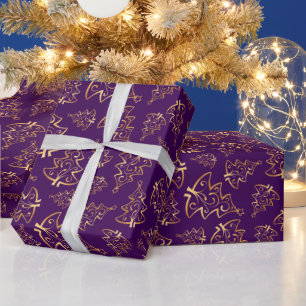 Papel De Presente Árvores de Natal Elegantes Roxas e Douradas