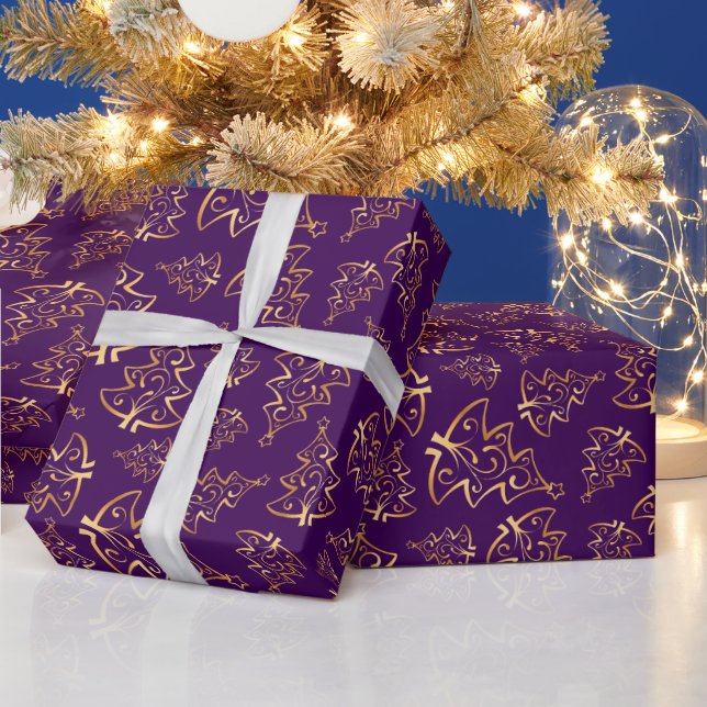 Papel De Presente Árvores de Natal Elegantes Roxas e Douradas (Feriados)