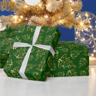 Papel De Presente Árvores de Natal Elegantes Verde e Dourado