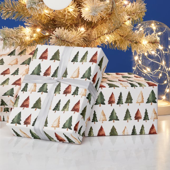 Papel De Presente Árvores de Natal em Aquarela de Feriado  (Feriados)