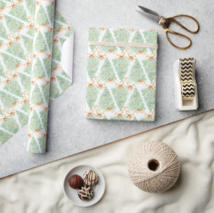 Papel De Presente Árvores de Natal em Aquarela Dourado Grandmillenni