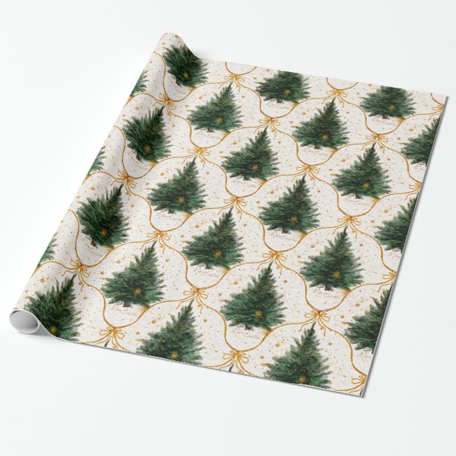 Papel De Presente Árvores de Natal em Aquarela Elegante com Laços Do (Desenrolado)