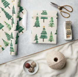 Papel De Presente Árvores de Natal em Aquarela | Feriado do Pinheiro